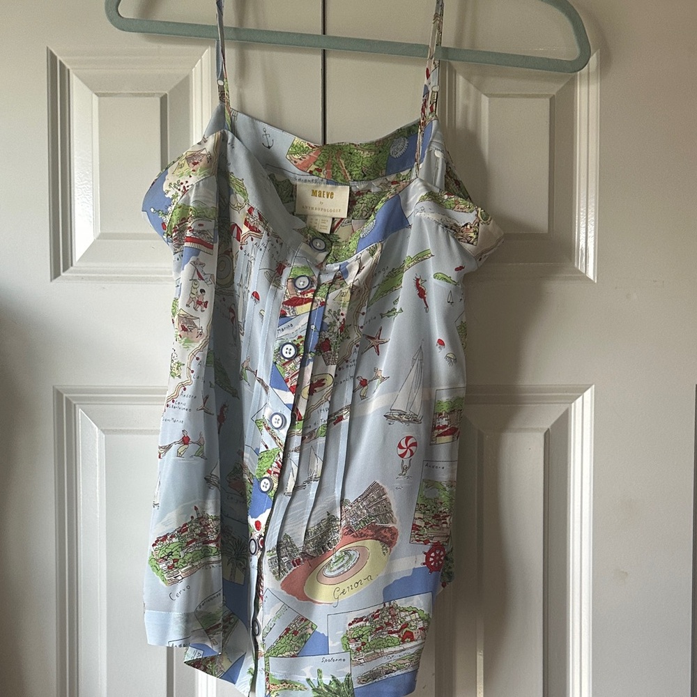 Anthropologie Maeve Green and Pink Map Print Top